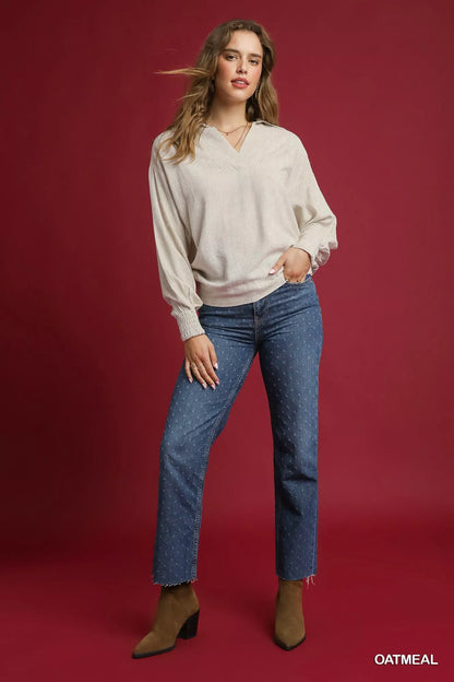 Umgee Linen Long Sleeves Elastic Hem Blouse - Tigbul's Variety Fashion Shop
