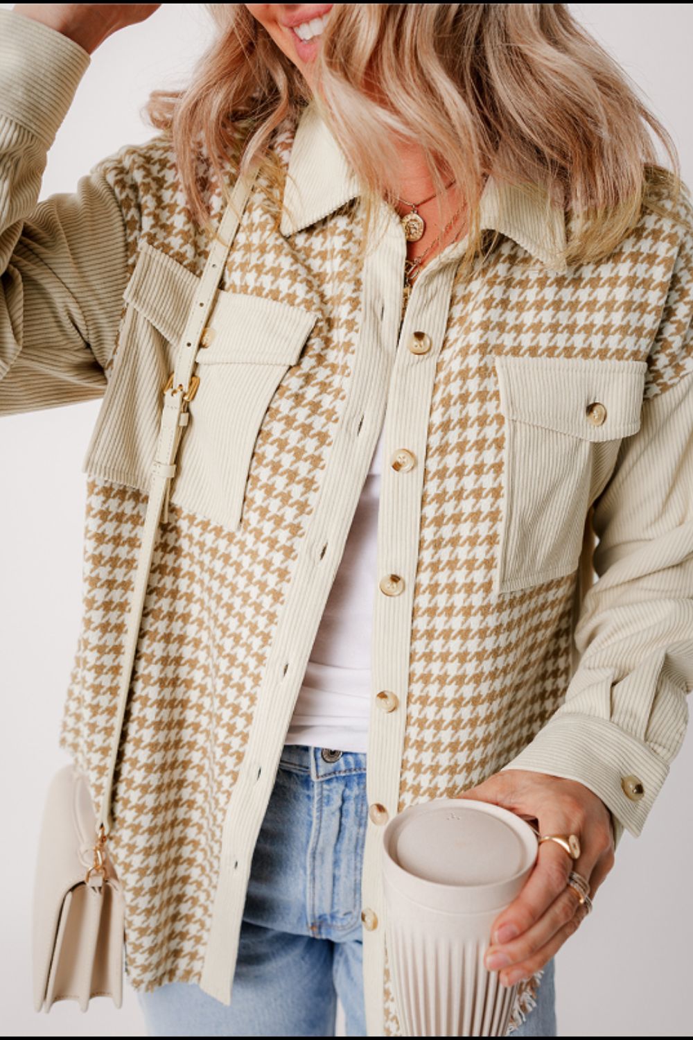 Beige Houndstooth Button Up Long Sleeve Jacket - Tigbul's Variety Fashion Shop