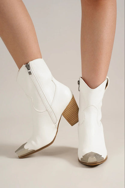 Faux Leather Block Heel Boots with Side Zippers, White - Tigbul's Variety Fashion Shop