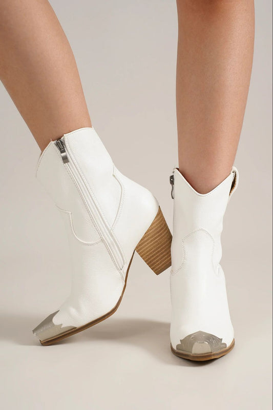 Faux Leather Block Heel Boots with Side Zippers, White - Tigbul's Variety Fashion Shop