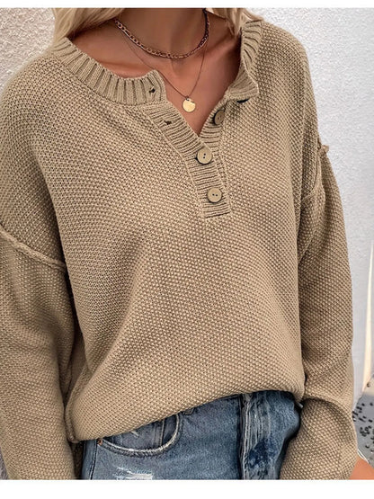 Button Detail Long Sleeve Knit Top - Tigbul's Variety Fashion Shop