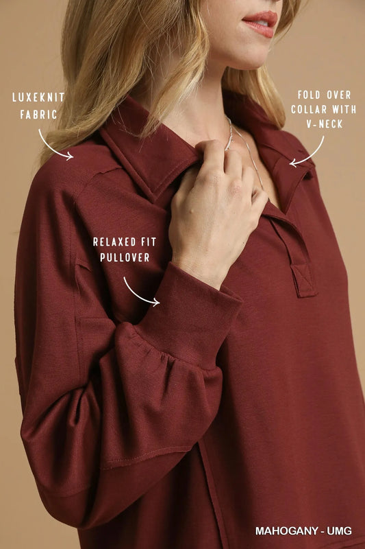 Umgee Exposed Seam Long Sleeve Polo Top with Side Slit - Tigbul's Variety Fashion Shop