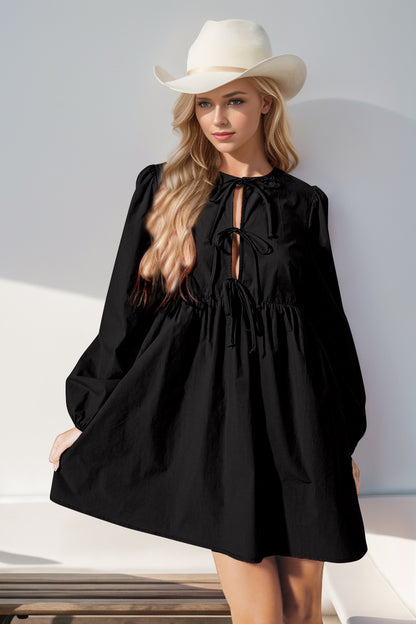 Tied Long Sleeve Mini Dress - Tigbul's Variety Fashion Shop