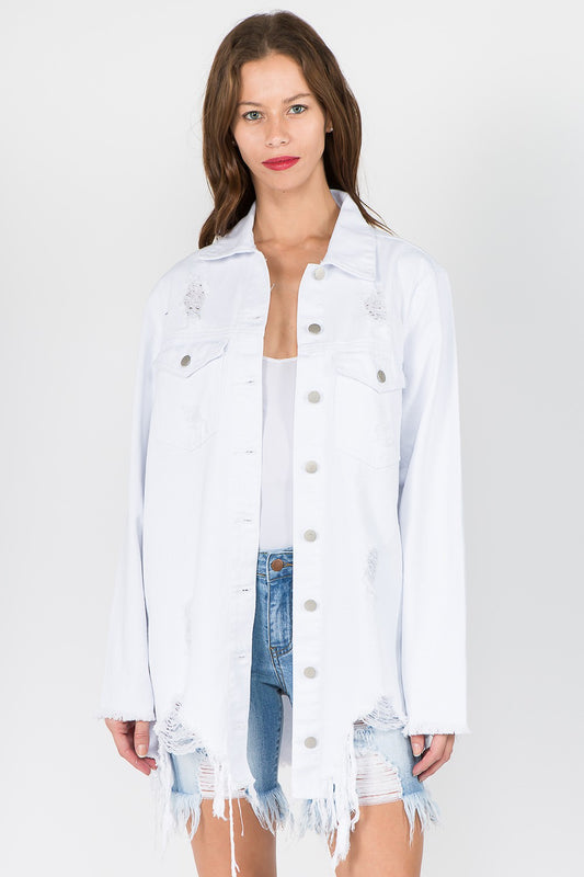 American Bazi Distressed Frayed Hem Denim Jacket - Tigbul's Variety Fashion Shop