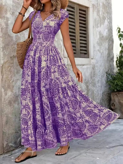 Vintage Floral Cap Sleeve Maxi Dress - Tigbul's Variety Fashion Shop
