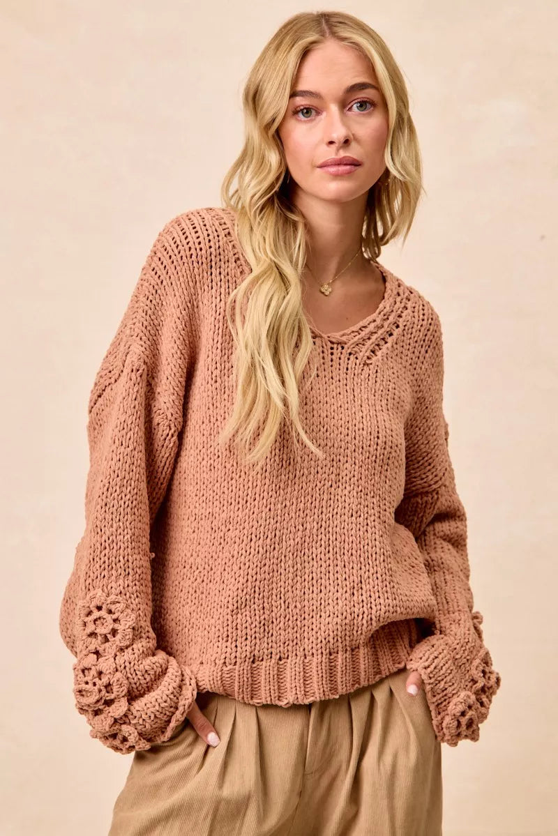 BiBi Chunky Knit Sweater with Flower Detail Sleeves - Tigbul's Variety Fashion Shop