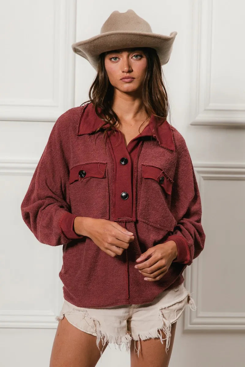 BiBi Cp French Terry Cut Edge Detail Collared Top - Tigbul's Variety Fashion Shop