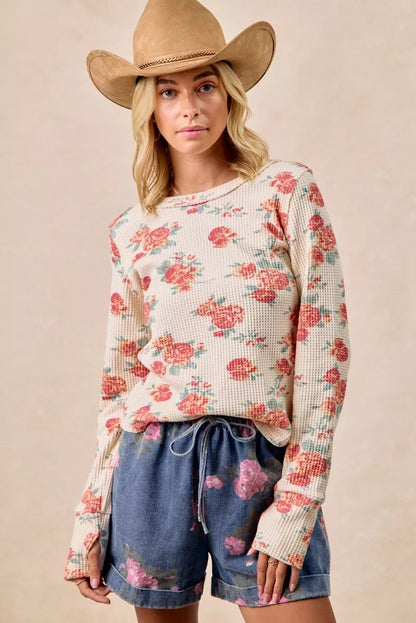 BiBi Floral Print Washed Waffle Thermal Top With Thumb - Tigbul's Variety Fashion Shop
