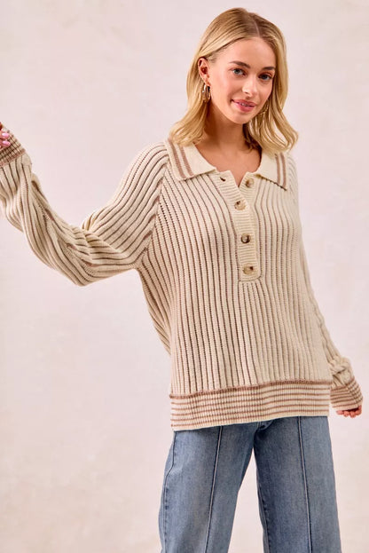 BiBi Half Button Ribbed Two Tone Sweater - Tigbul's Variety Fashion Shop