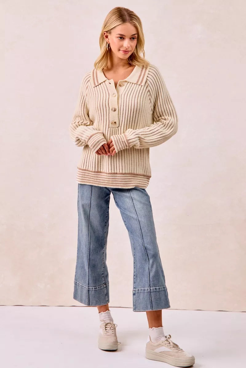 BiBi Half Button Ribbed Two Tone Sweater - Tigbul's Variety Fashion Shop