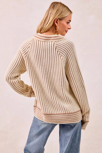 BiBi Half Button Ribbed Two Tone Sweater - Tigbul's Variety Fashion Shop