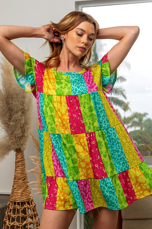 BiBi Leopard Short Sleeve Tiered Dress - Tigbul's Variety Fashion Shop