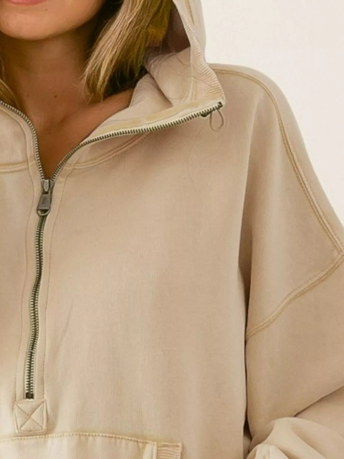 Oatmeal half-zip fleece hoodie with stand collar and metal zipper