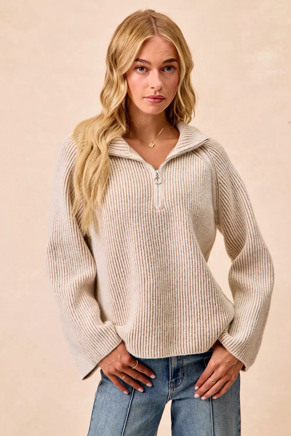 Taupe two-tone rib knit half-zip collared top, quarter zip detail