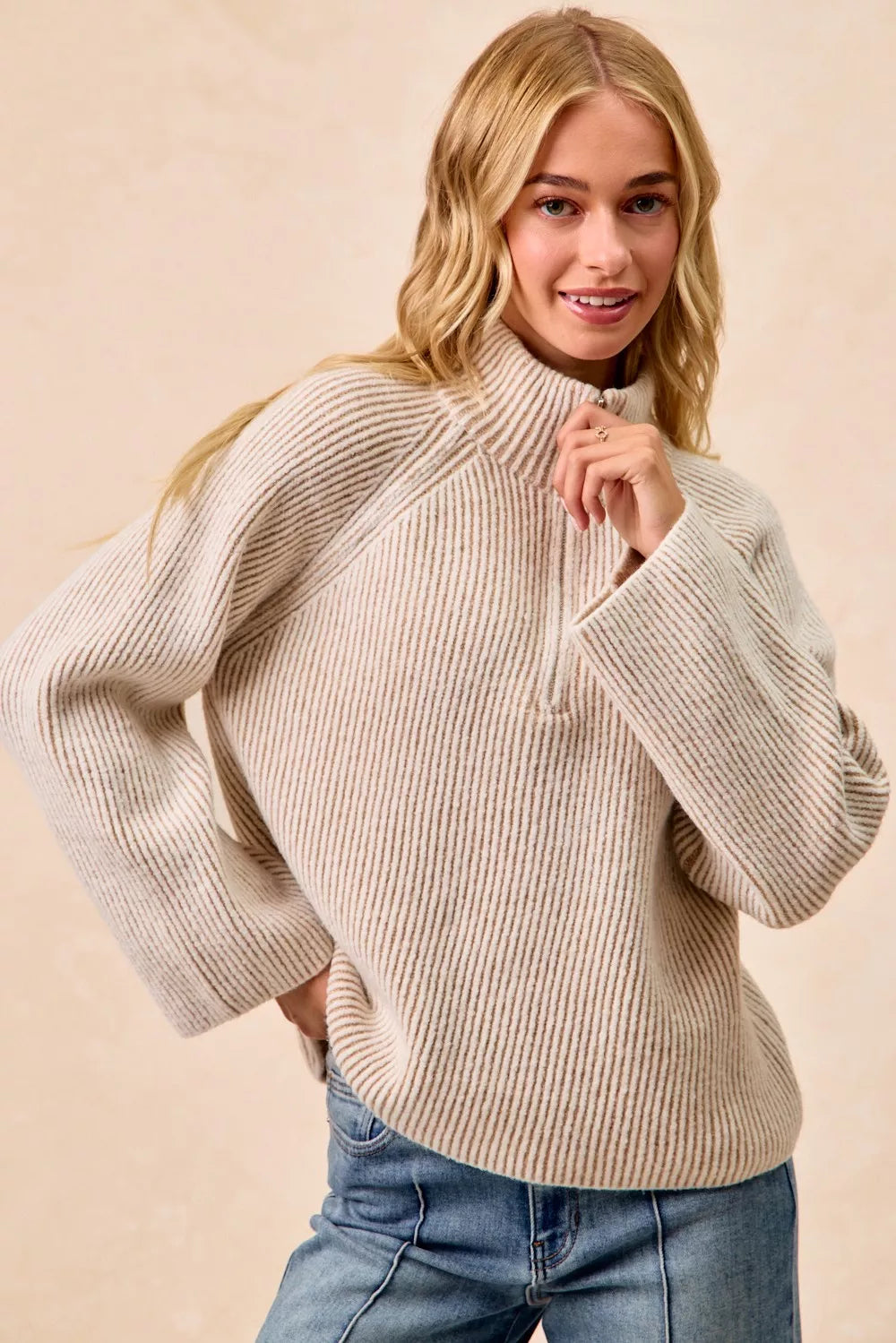 Taupe two-tone rib knit collared top with quarter zip, relaxed fit
