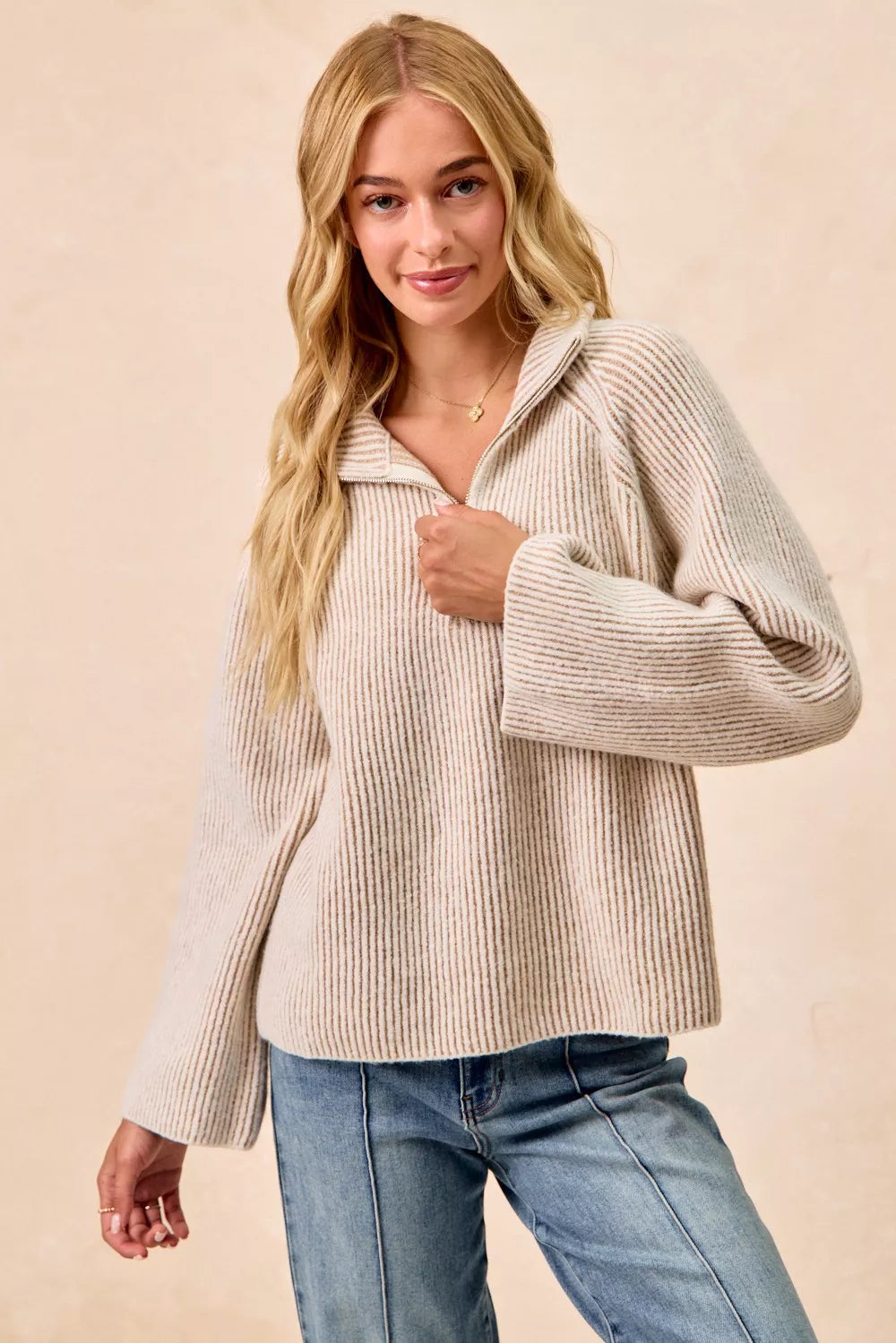 Taupe two-tone rib knit half-zip collared top, oversized sleeves