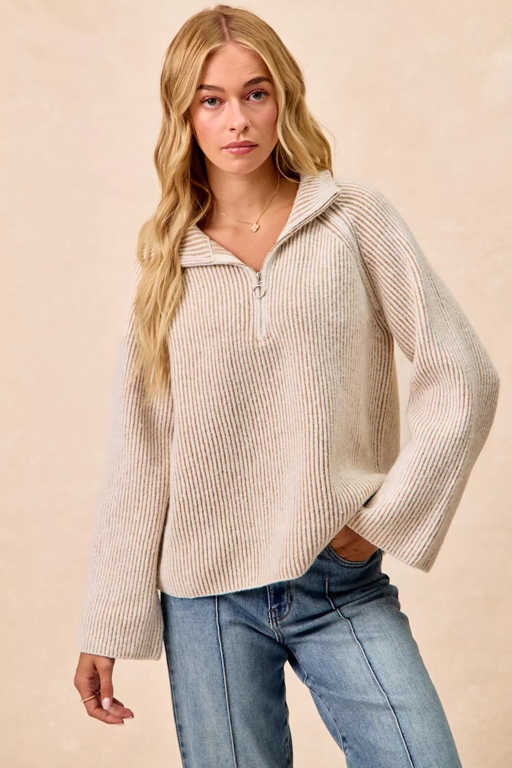 Taupe half-zip collared knit top with ribbed panel texture