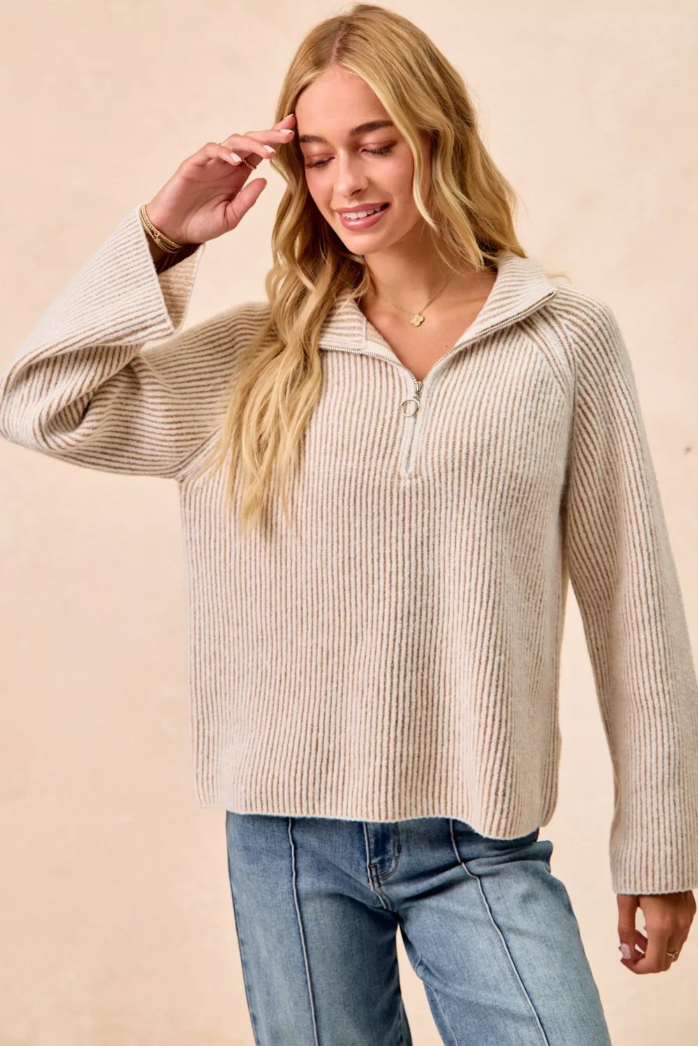 Taupe two-tone rib knit quarter-zip top with standing collar