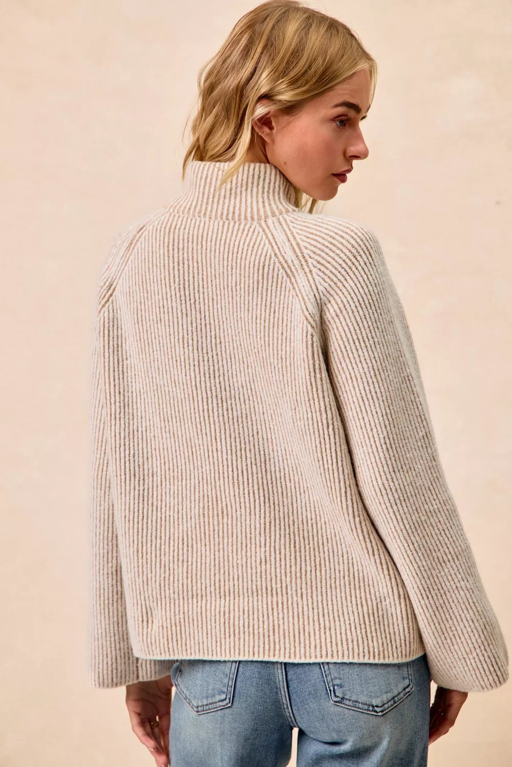 Two-tone ribbed knit collared top, taupe textured half-zip, back view
