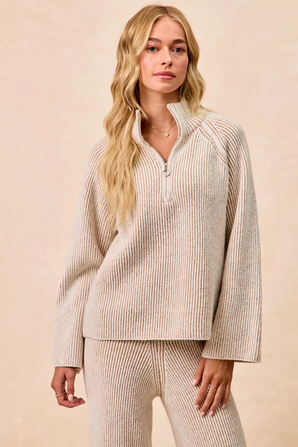 Taupe two-tone ribbed knit collared half-zip sweater, front view
