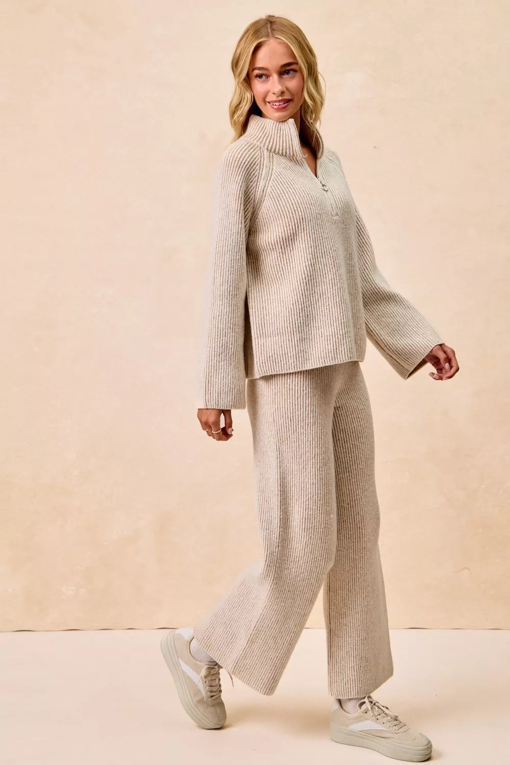 Taupe ribbed knit half-zip collared sweater, side view