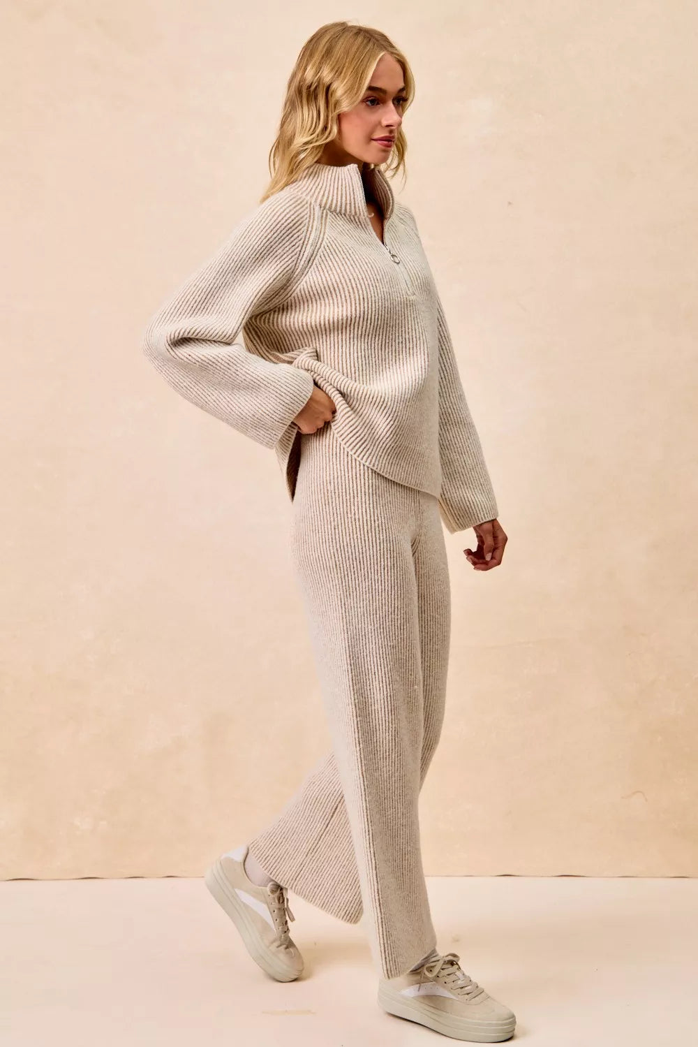 Taupe ribbed knit half-zip collared top, front side view