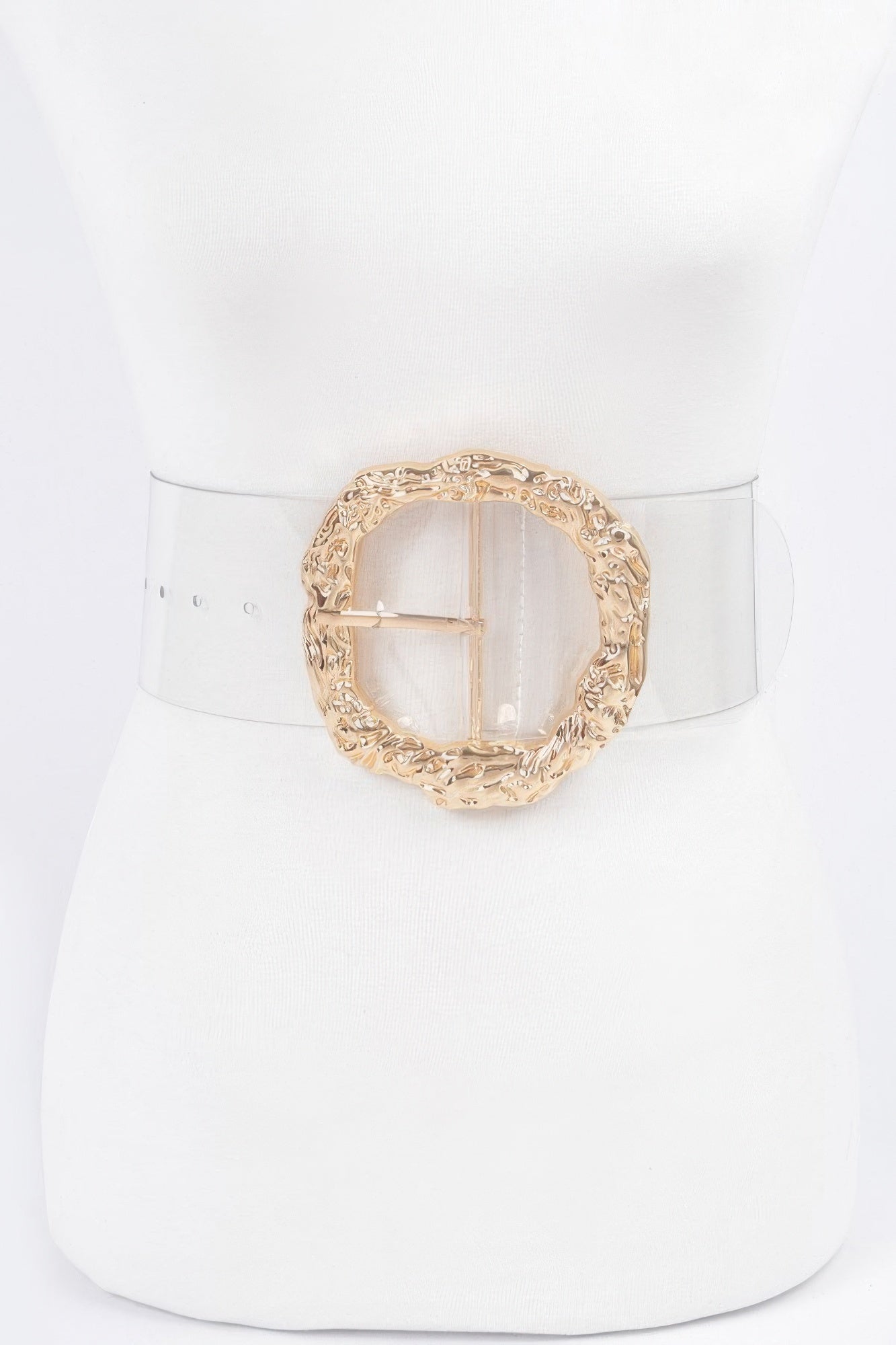 Gold clear belt with large round vintage metal buckle on transparent strap
