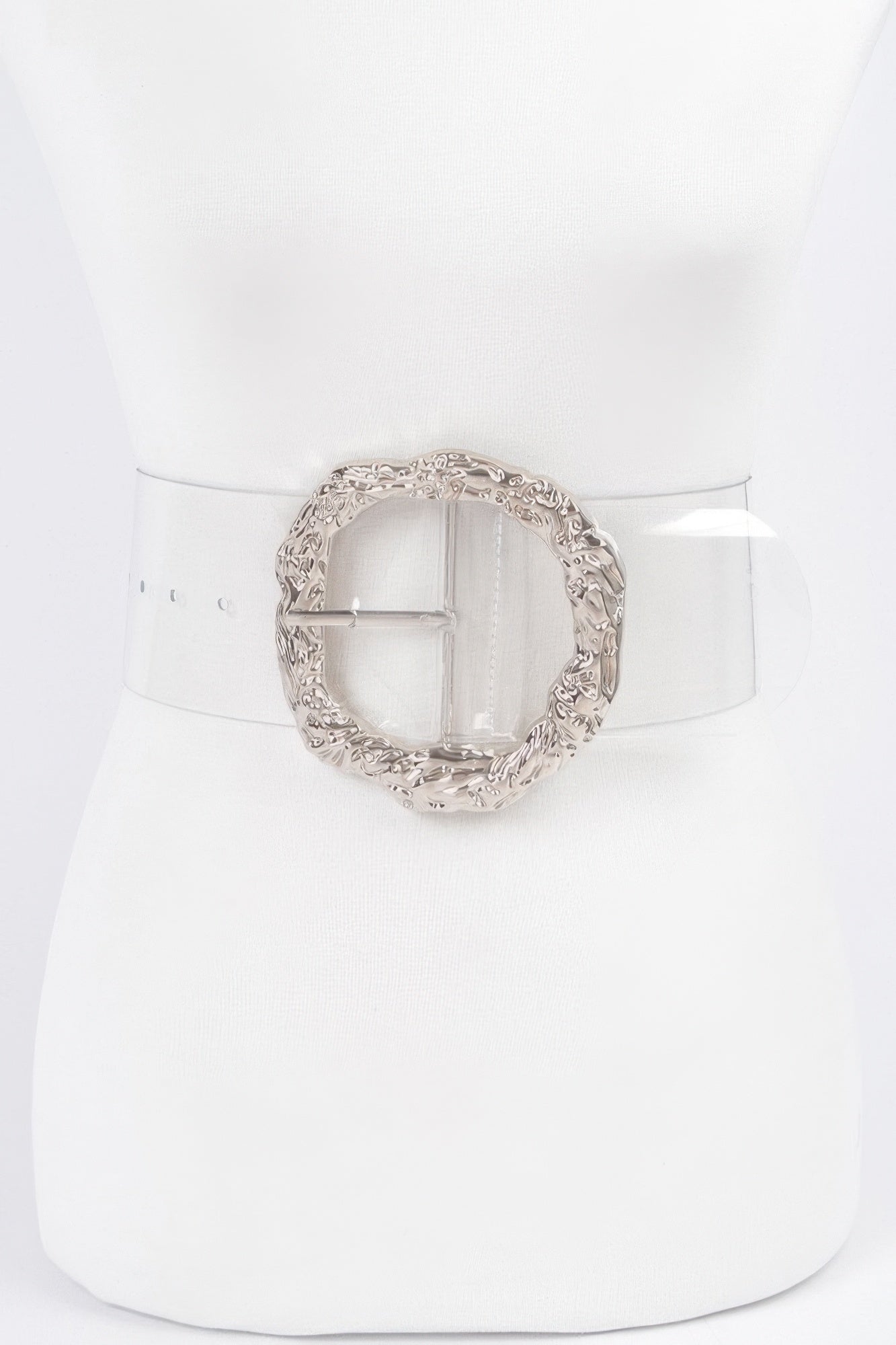 Silver clear belt with large round vintage metal buckle on transparent strap