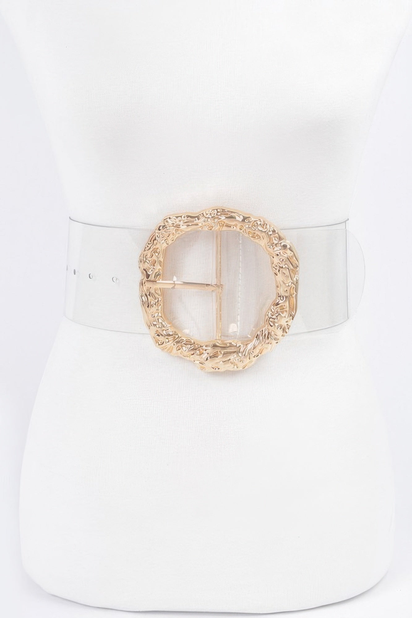 Gold-tone round metal buckle belt with clear strap, plus-size, one size
