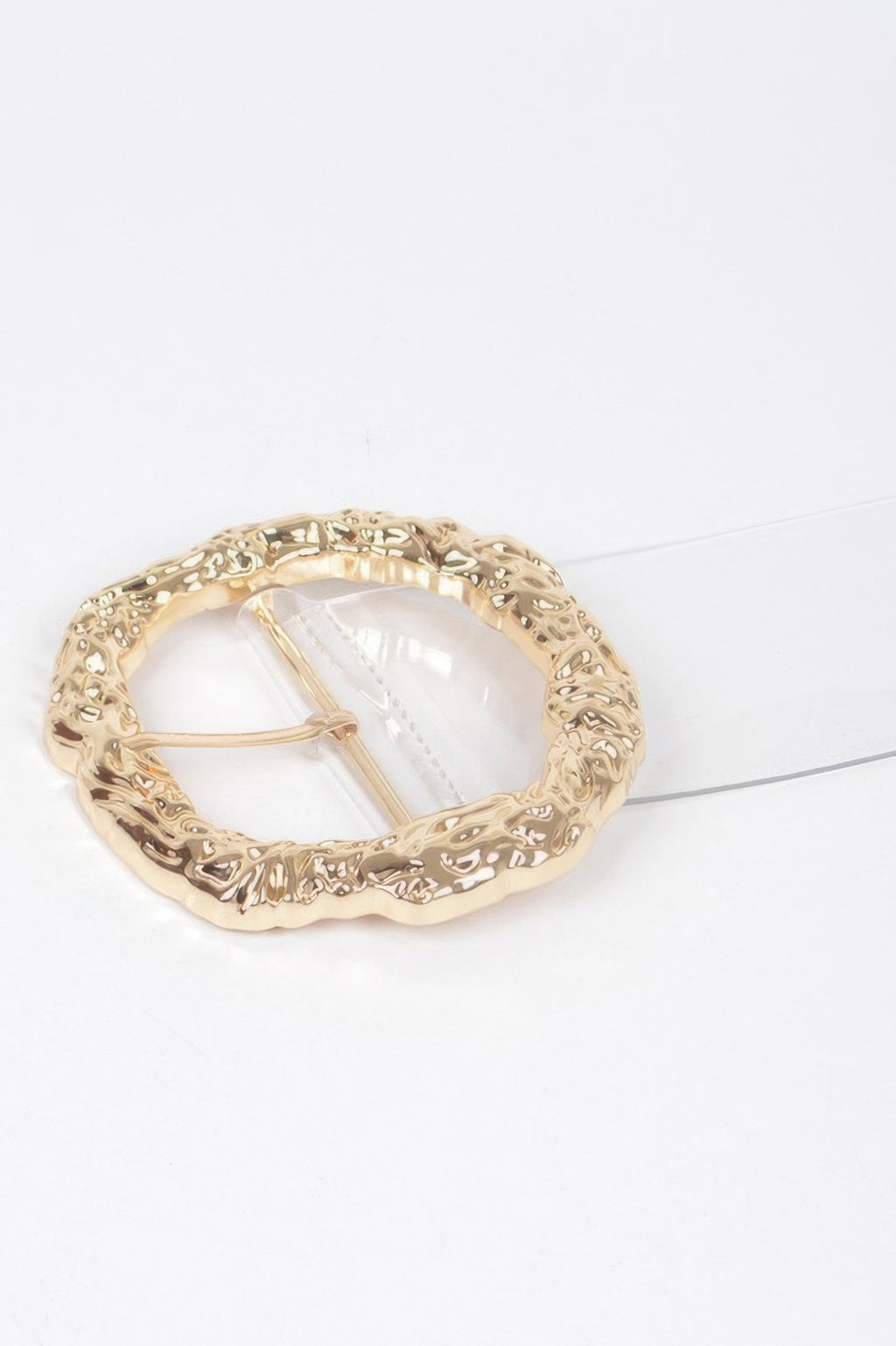 Ornate gold-tone round buckle with clear insert on plus-size belt, one size