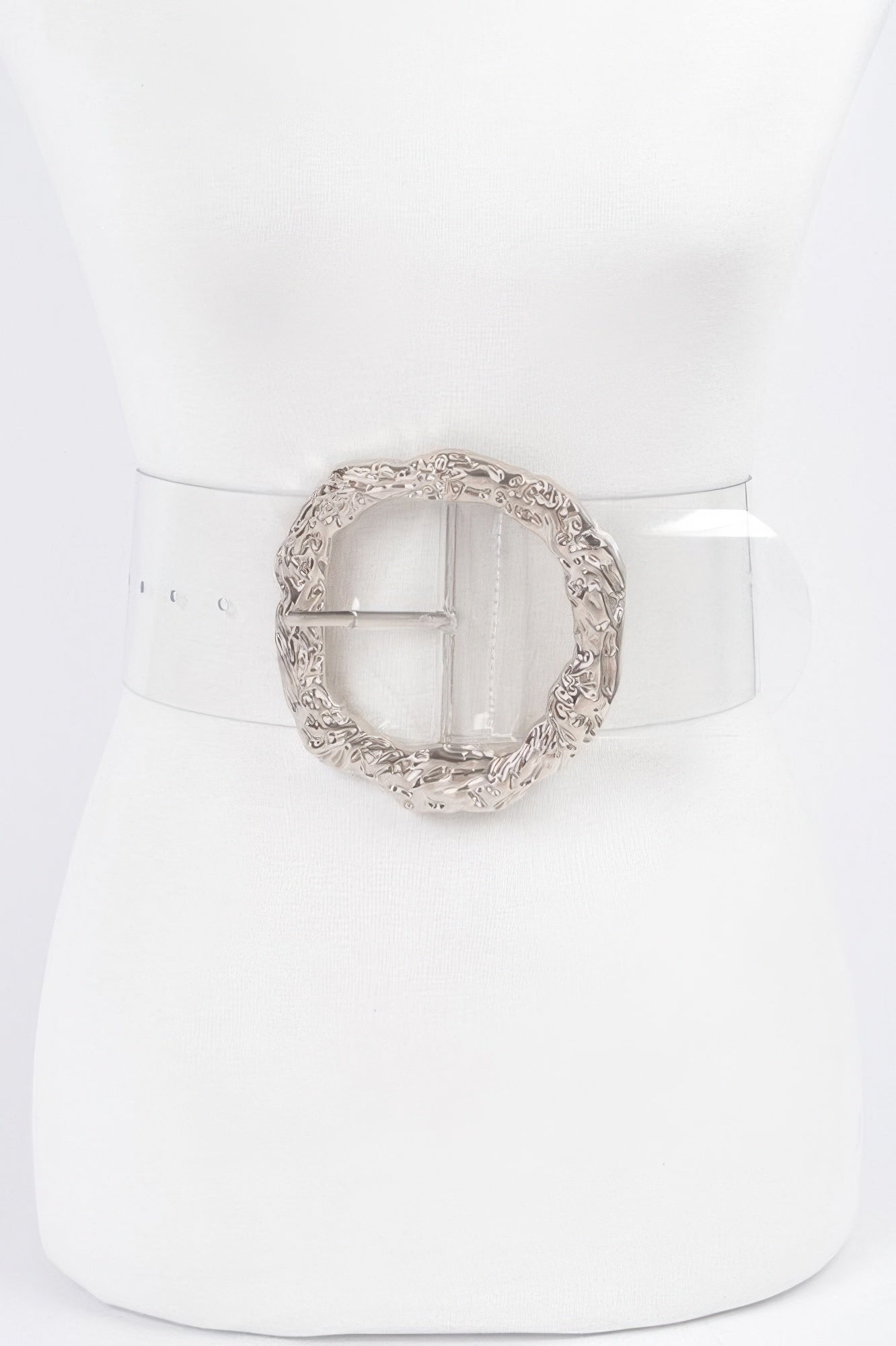 Silver-tone round metal buckle on clear plus-size belt, one size