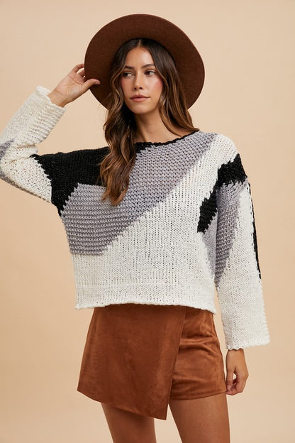 Black Color Block Drop Shoulder Sweater - Tigbul's Variety Fashion Shop