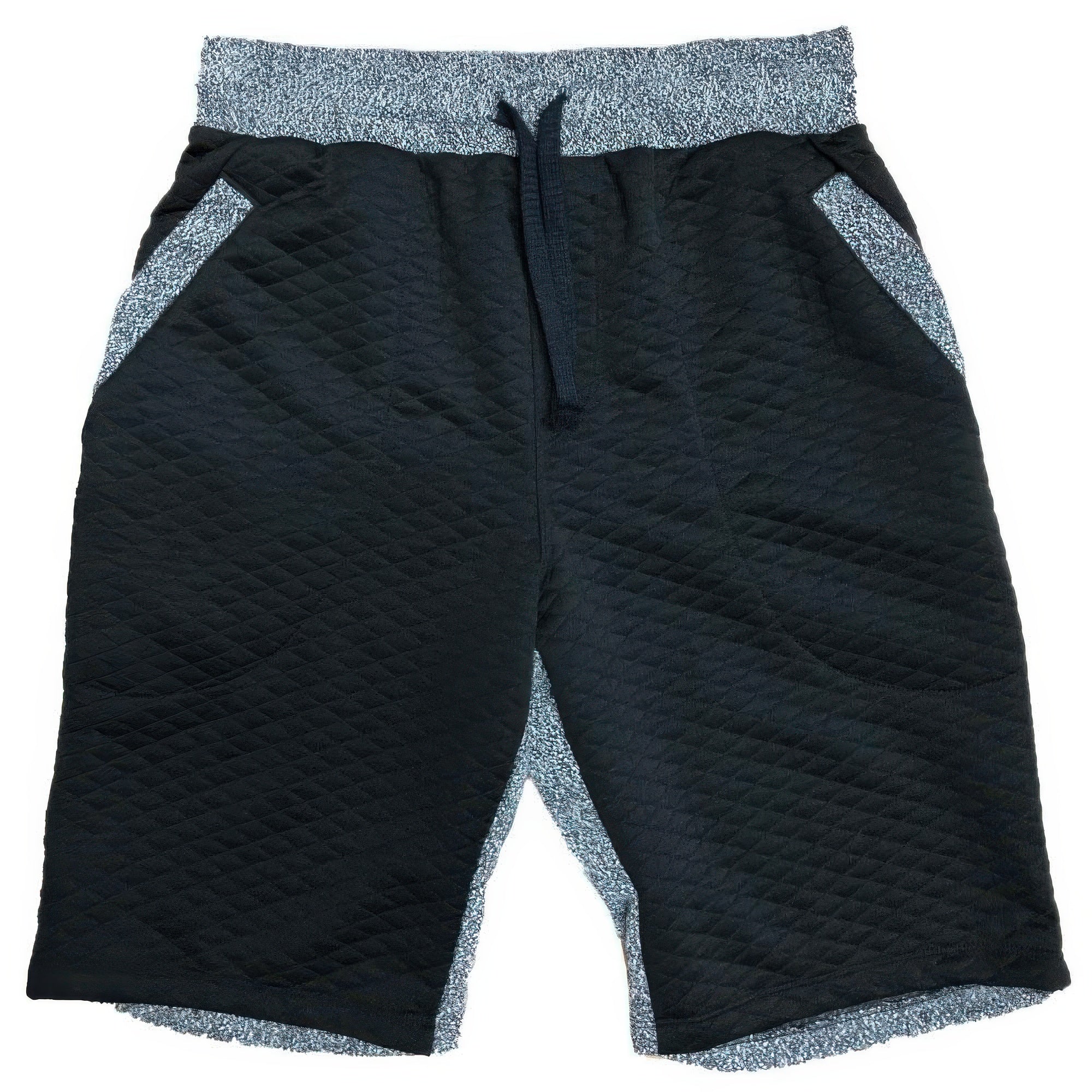 Black quilted shorts with heather-gray waistband and side contrast panels