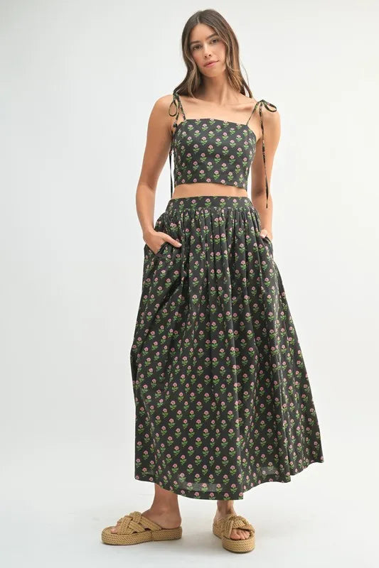 Black Floral Crop Top and Skirt Set - Tigbul's Variety Fashion Shop