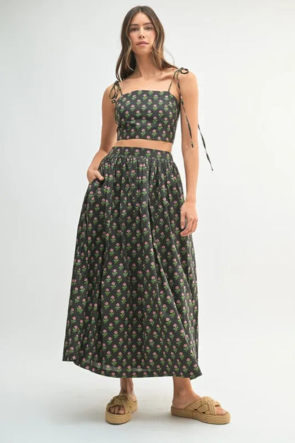 Black Floral Crop Top and Skirt Set - Tigbul's Variety Fashion Shop