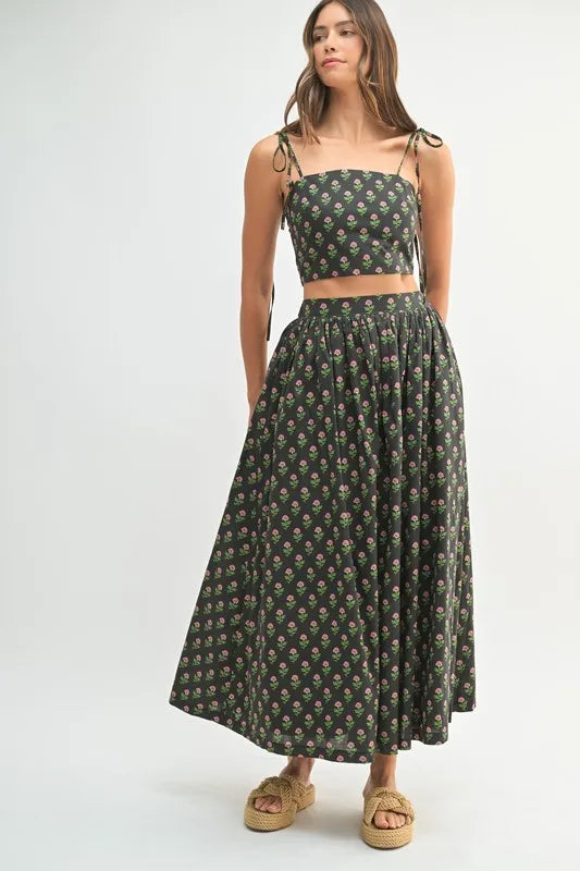 Black Floral Crop Top and Skirt Set - Tigbul's Variety Fashion Shop