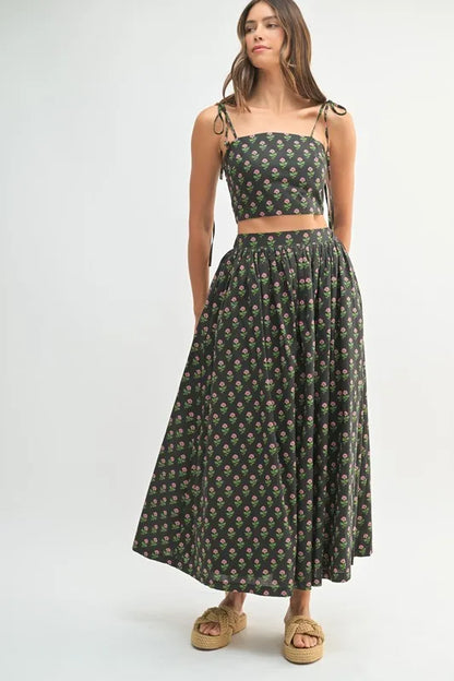 Black Floral Crop Top and Skirt Set - Tigbul's Variety Fashion Shop