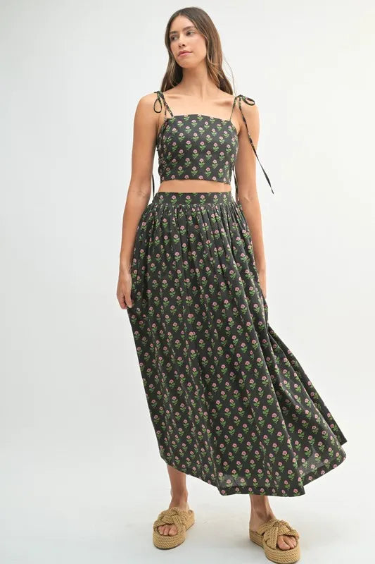 Black Floral Crop Top and Skirt Set - Tigbul's Variety Fashion Shop