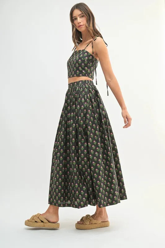 Black Floral Crop Top and Skirt Set - Tigbul's Variety Fashion Shop