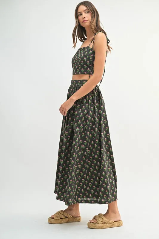 Black Floral Crop Top and Skirt Set - Tigbul's Variety Fashion Shop