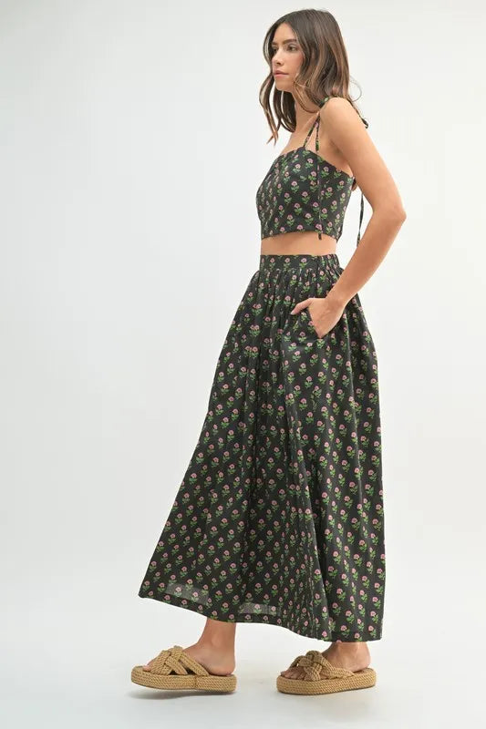 Black Floral Crop Top and Skirt Set - Tigbul's Variety Fashion Shop