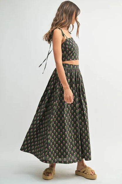 Black Floral Crop Top and Skirt Set - Tigbul's Variety Fashion Shop
