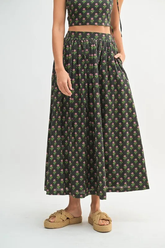 Black Floral Crop Top and Skirt Set - Tigbul's Variety Fashion Shop