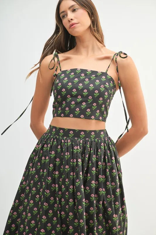 Black Floral Crop Top and Skirt Set - Tigbul's Variety Fashion Shop