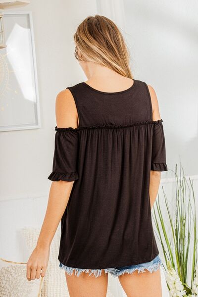 Black Frill Round Neck Cold Shoulder T-Shirt - Tigbul's Variety Fashion Shop