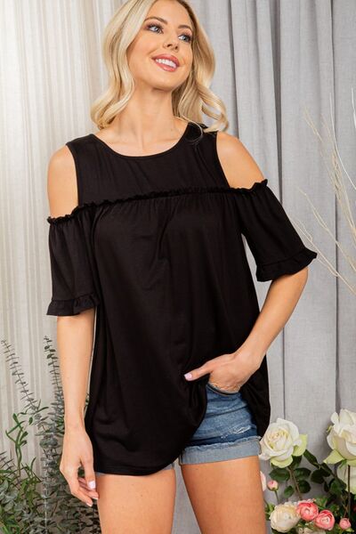 Black Frill Round Neck Cold Shoulder T-Shirt - Tigbul's Variety Fashion Shop
