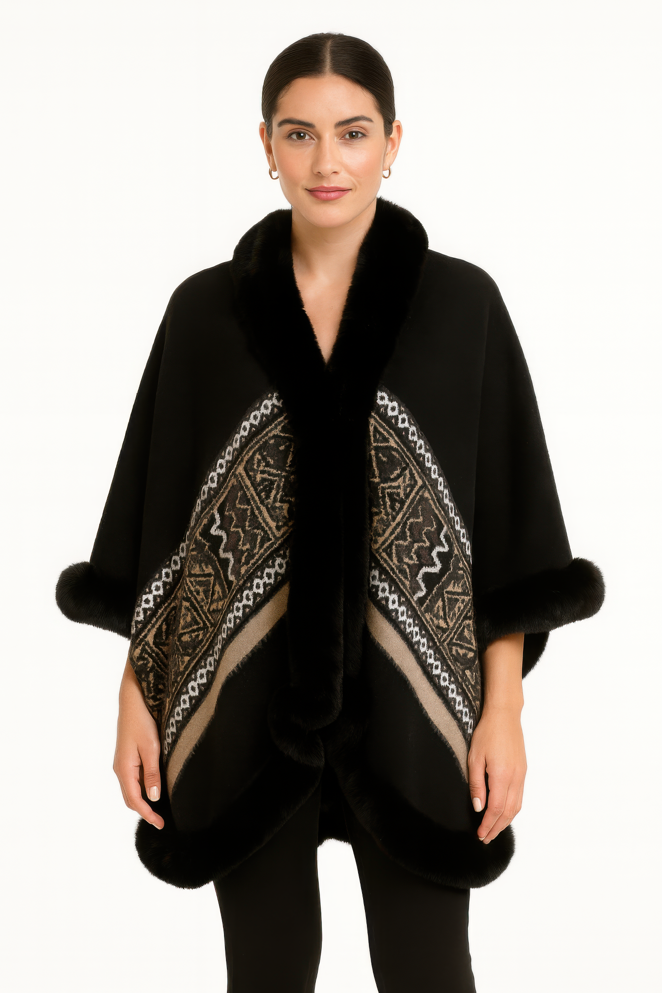 Black faux fur trimmed cape with geometric border panel and fur cuffs, open front