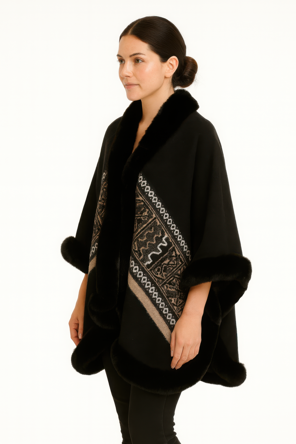 Black faux fur trim cape, side view; geometric border panel and rounded fur hem