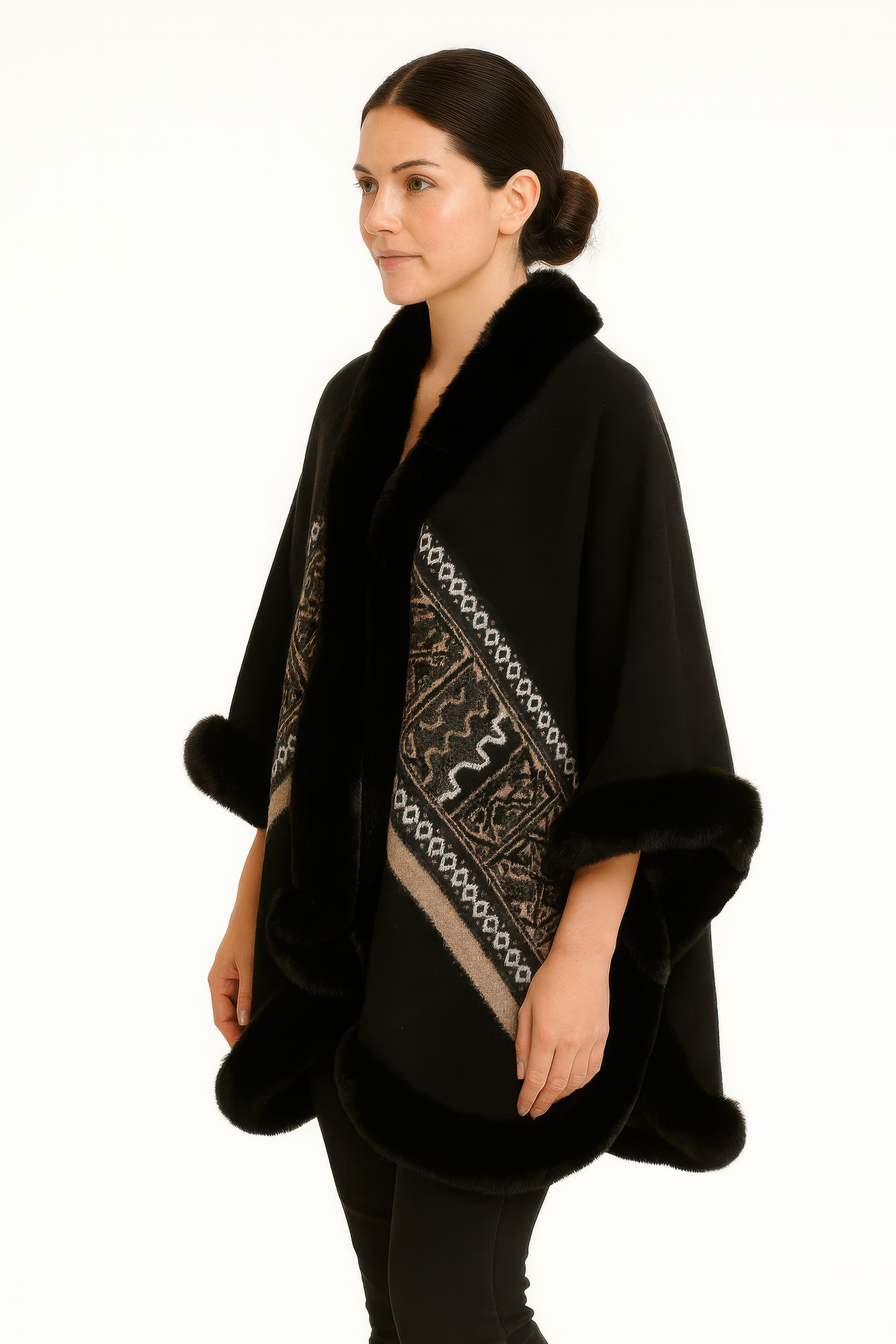 Black faux fur trim cape, side view; geometric border panel and rounded fur hem
