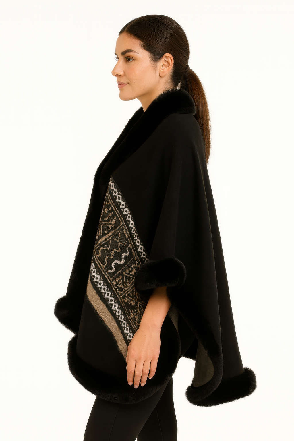 Black faux fur trim cape with geometric border panel and long fur sleeve cuffs